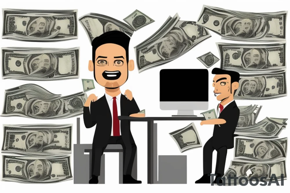 Business man flaunting money standing next to a man sitting at a computer screen with stacks of cash behind him tattoo idea