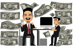 Business man flaunting money standing next to a man sitting at a computer screen with stacks of cash behind him tattoo idea