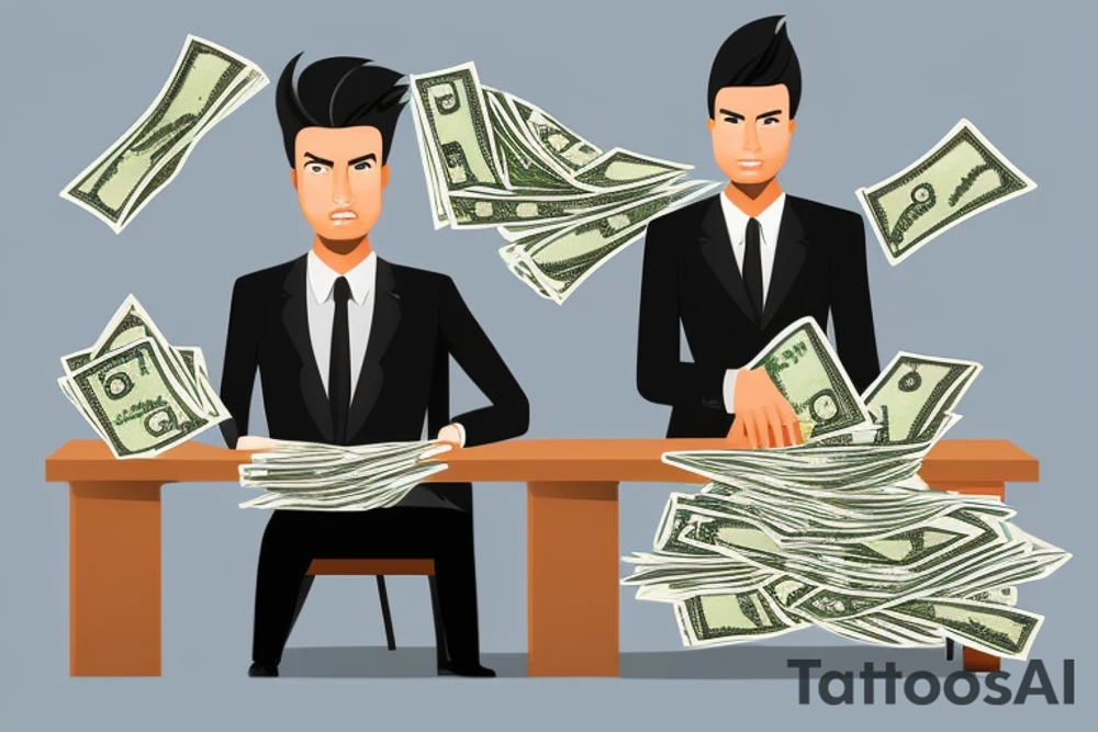 Business man flaunting money standing next to a less well dressed man sitting at a computer screen with stacks of cash behind him tattoo idea