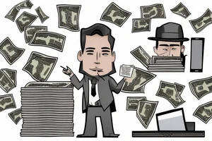 Business man flaunting money standing next to a less well dressed man sitting at a computer screen with stacks of cash behind him tattoo idea