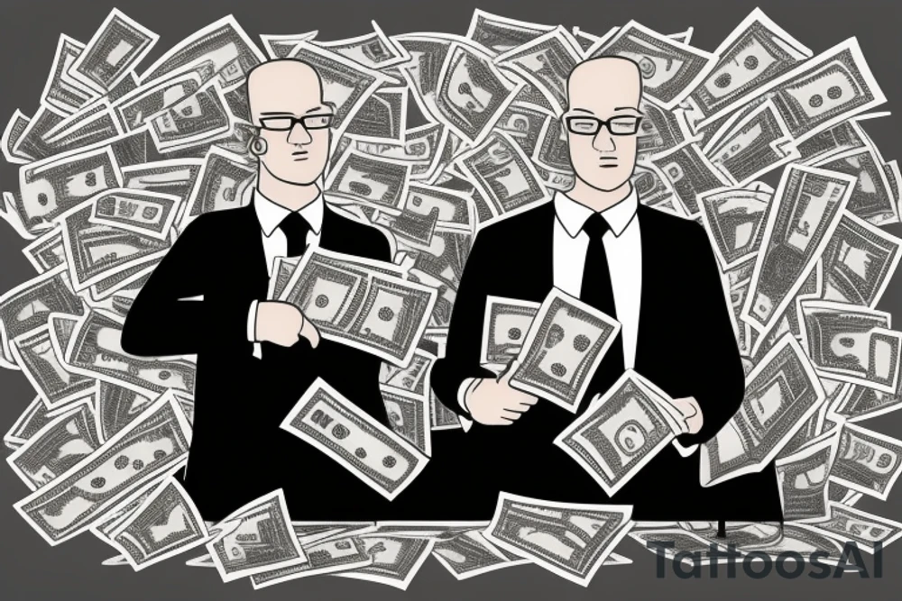 Business man flaunting money standing next to a less well dressed man sitting at a computer screen with stacks of cash behind him tattoo idea