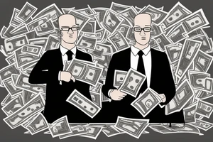 Business man flaunting money standing next to a less well dressed man sitting at a computer screen with stacks of cash behind him tattoo idea