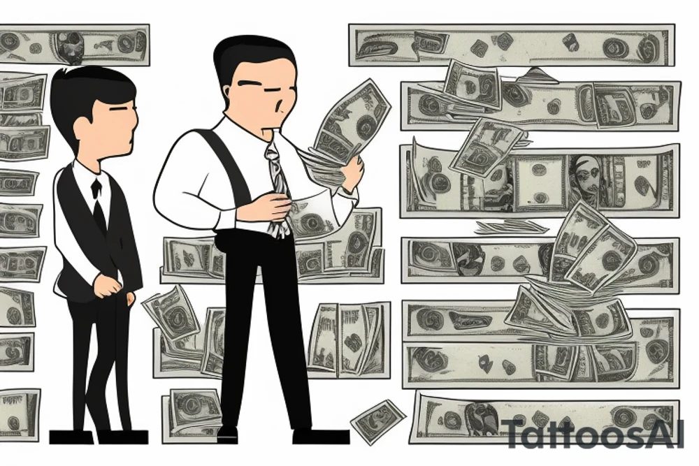 Business man turned away from us and flaunting money standing next to a less well dressed man sitting at a computer screen with stacks of cash behind him tattoo idea