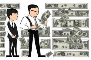 Business man turned away from us and flaunting money standing next to a less well dressed man sitting at a computer screen with stacks of cash behind him tattoo idea