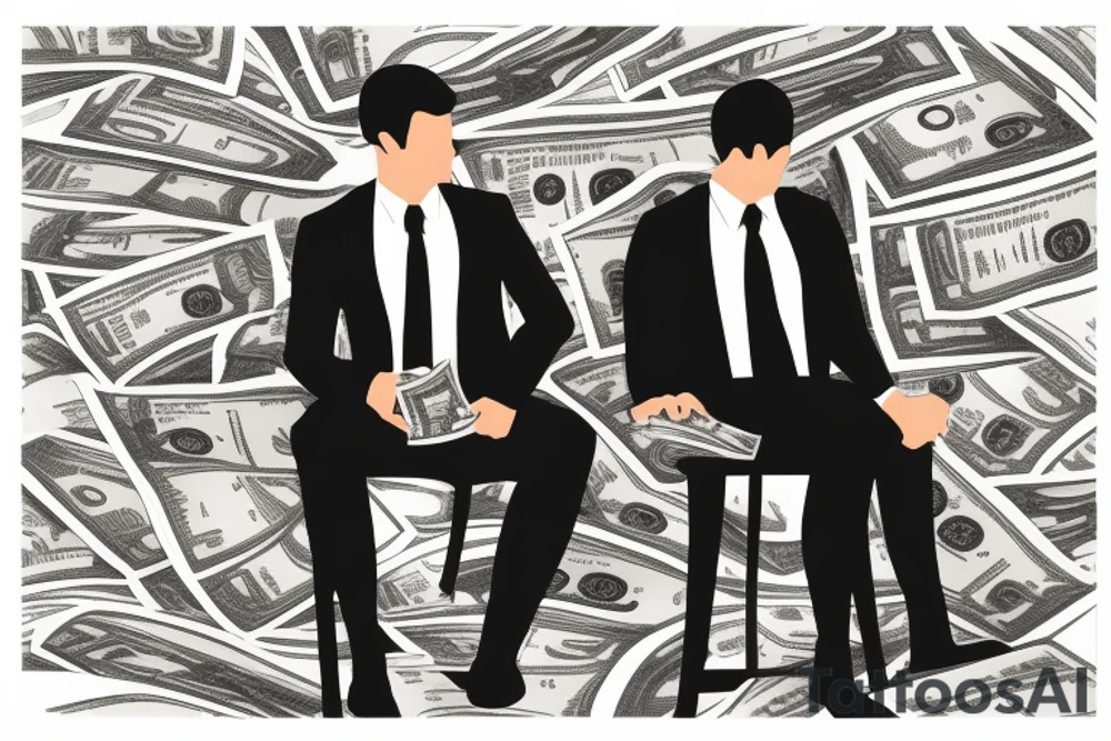 Business man turned away from us and flaunting money standing next to a less well dressed man sitting at a computer screen with stacks of cash behind him tattoo idea