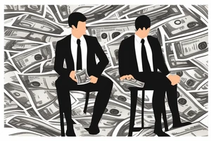 Business man turned away from us and flaunting money standing next to a less well dressed man sitting at a computer screen with stacks of cash behind him tattoo idea