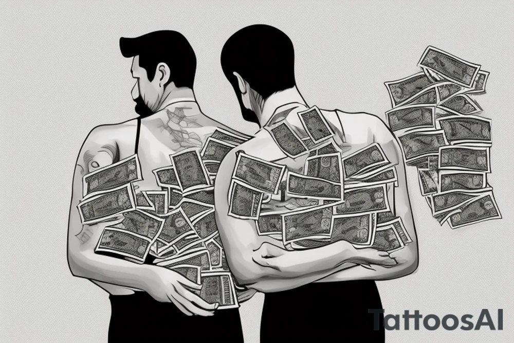 Business man turned away from us and flaunting money standing next to a less well dressed man sitting at a computer screen with stacks of cash behind him tattoo idea