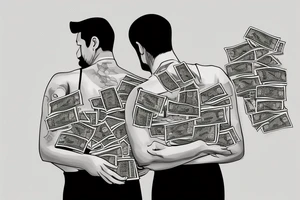 Business man turned away from us and flaunting money standing next to a less well dressed man sitting at a computer screen with stacks of cash behind him tattoo idea