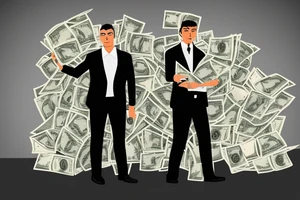 Business man turned away from us and flaunting money standing next to a less well dressed man sitting at a computer screen with stacks of cash behind him tattoo idea