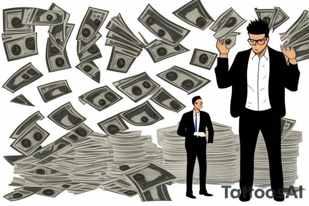 Business man turned away from us and flaunting money standing next to a less well dressed man sitting at a computer screen with stacks of cash behind him tattoo idea