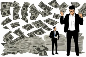 Business man turned away from us and flaunting money standing next to a less well dressed man sitting at a computer screen with stacks of cash behind him tattoo idea