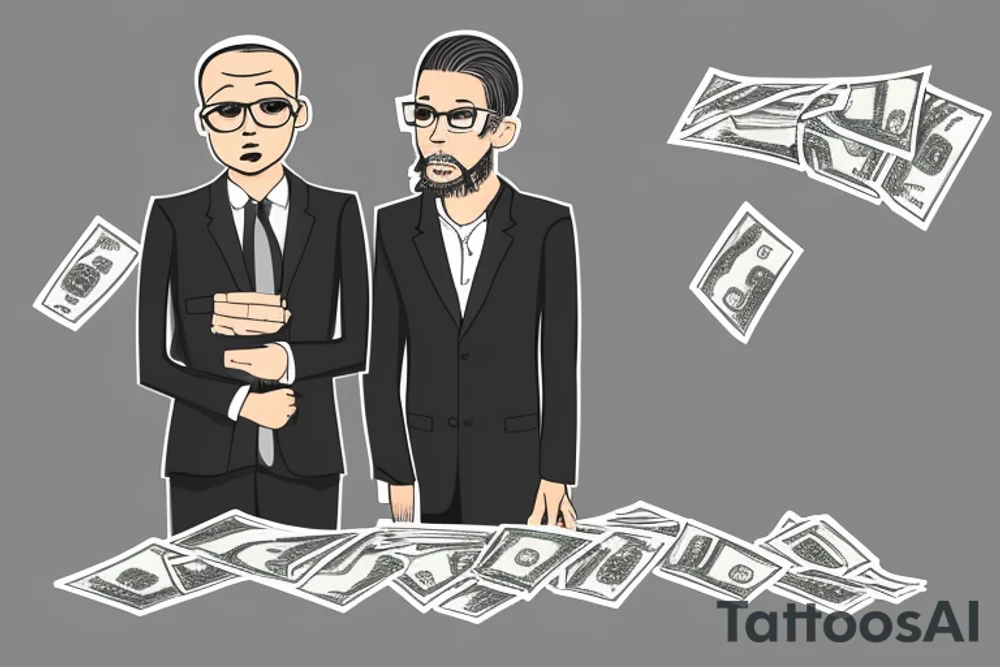 Business man turned away from us and flaunting money standing next to a less well dressed man sitting at a computer screen with stacks of cash behind him tattoo idea