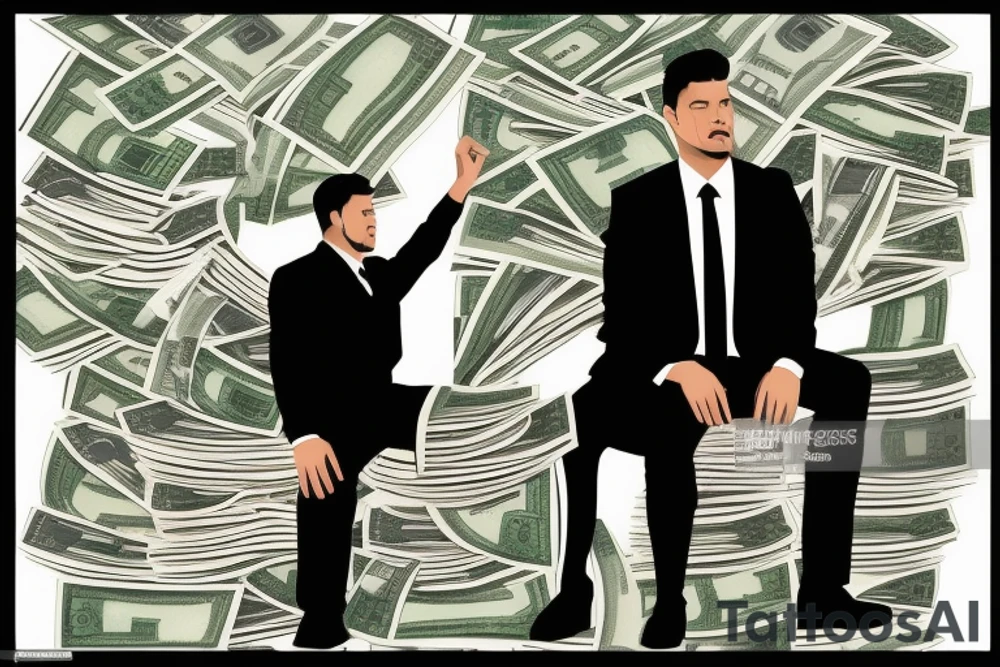 Business man turned away from us and flaunting money standing next to a less well dressed man sitting at a computer screen with stacks of cash behind him tattoo idea