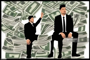 Business man turned away from us and flaunting money standing next to a less well dressed man sitting at a computer screen with stacks of cash behind him tattoo idea