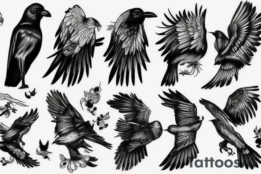 A flying crow sketch style tattoo idea