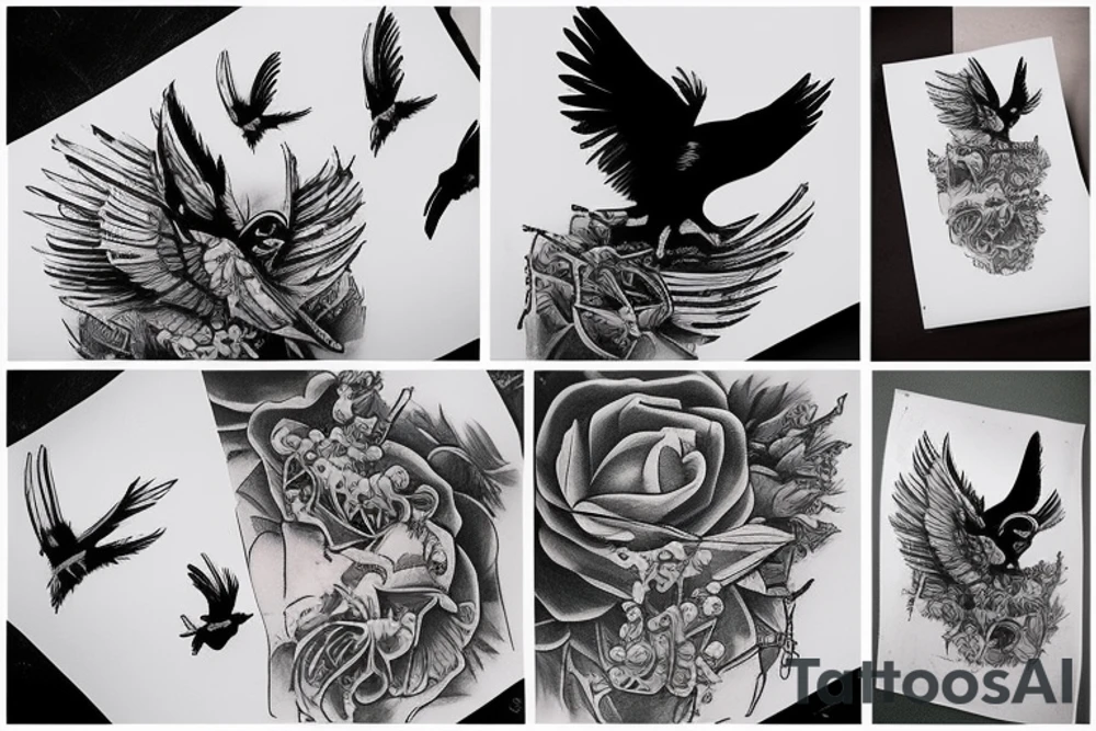 A flying crow sketch style tattoo idea