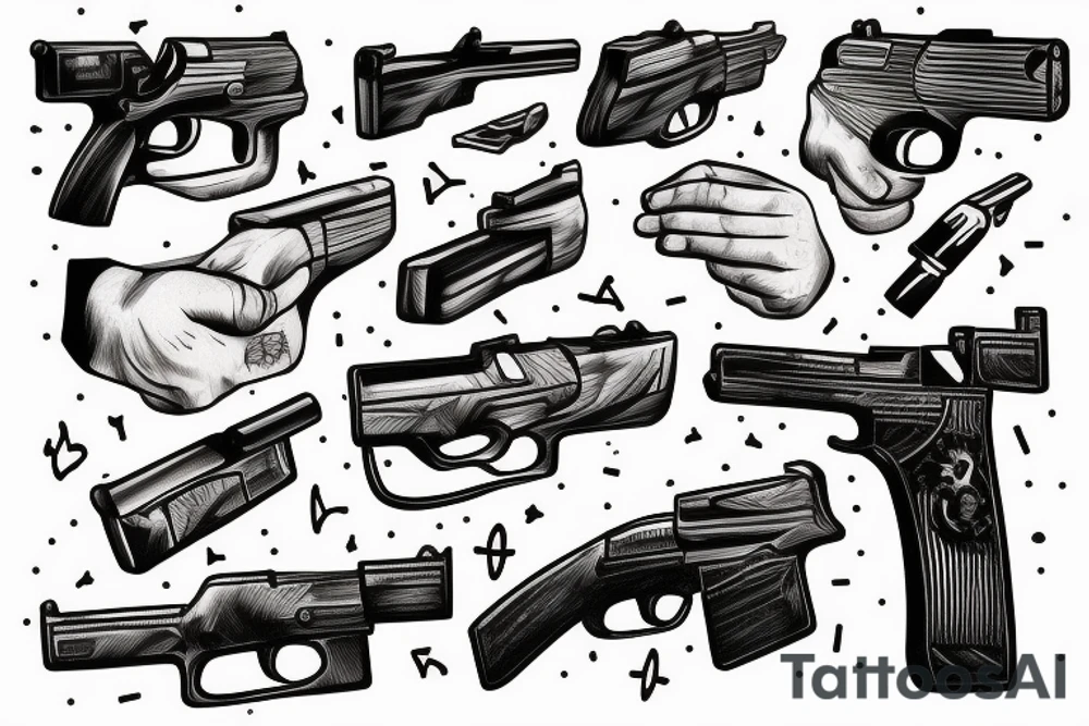 Hand holding a gun sketch style tattoo idea