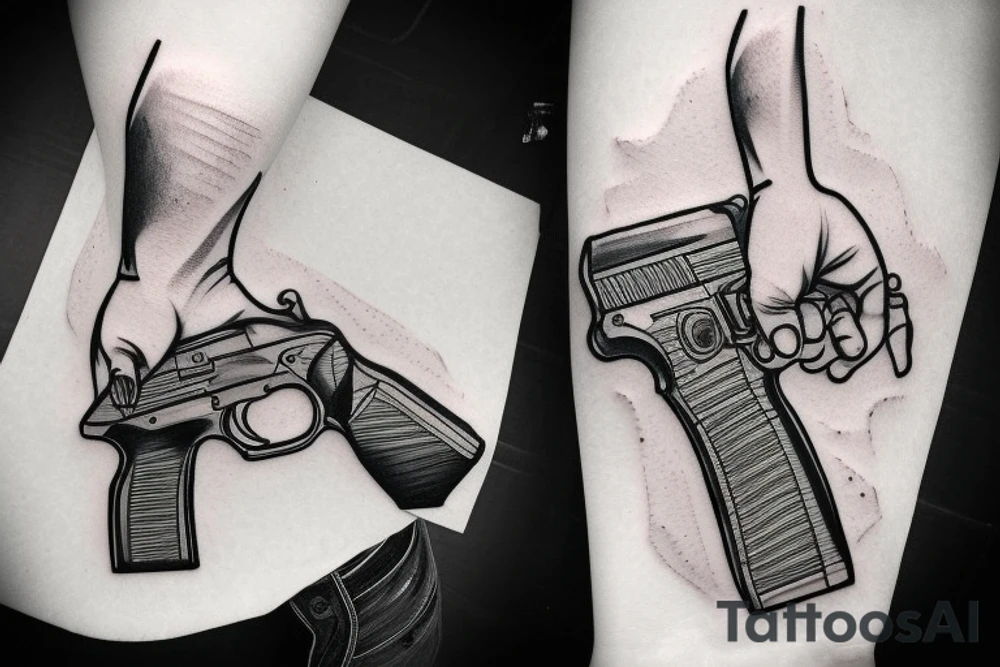 Hand holding a gun sketch style tattoo idea