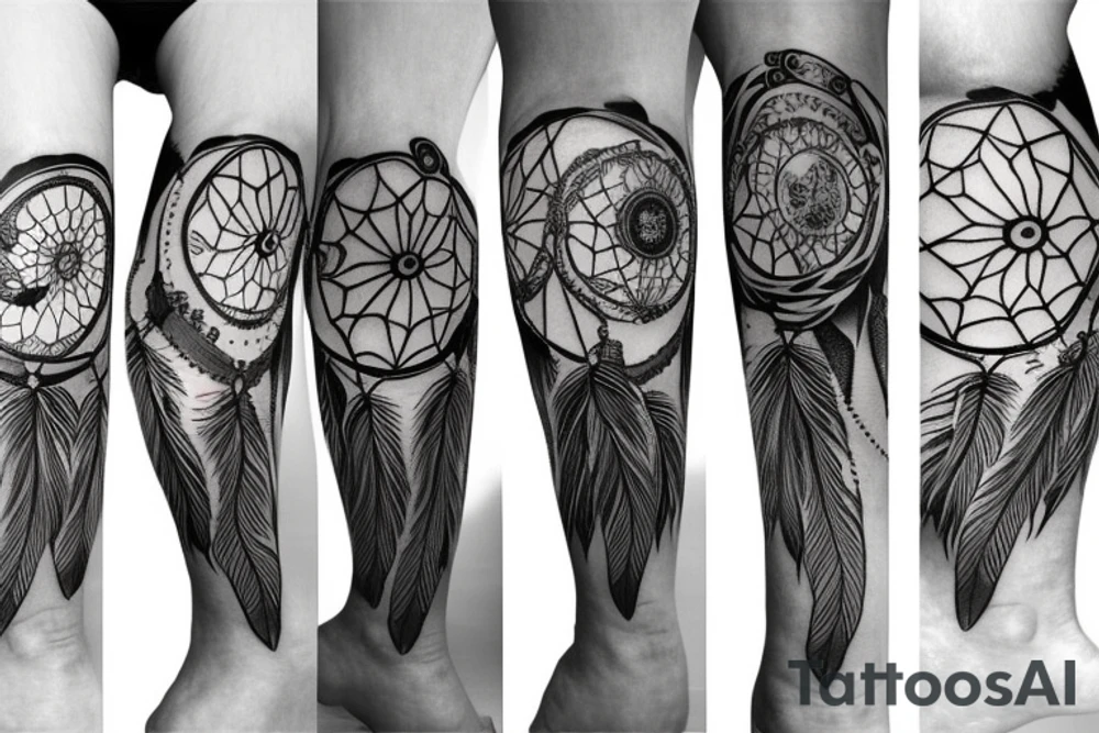 dream catcher leg sleeve tattoo idea