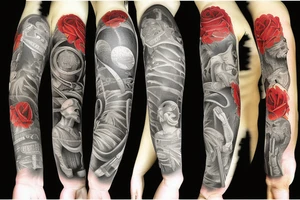 Full left arm sleeve Florida Christian guns tattoo idea