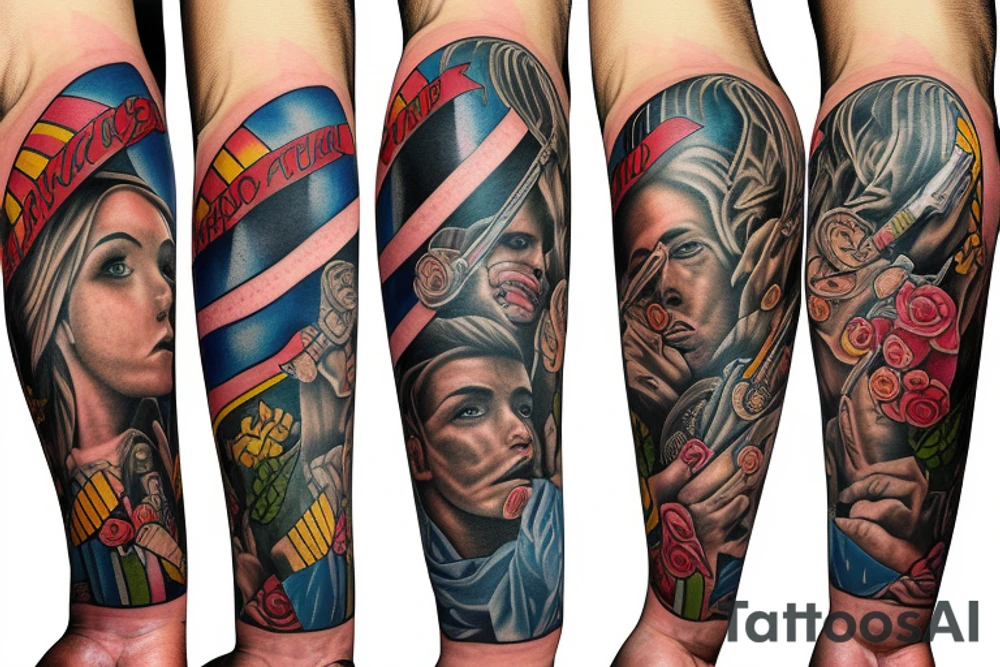 Full left arm sleeve Florida Christian guns tattoo idea