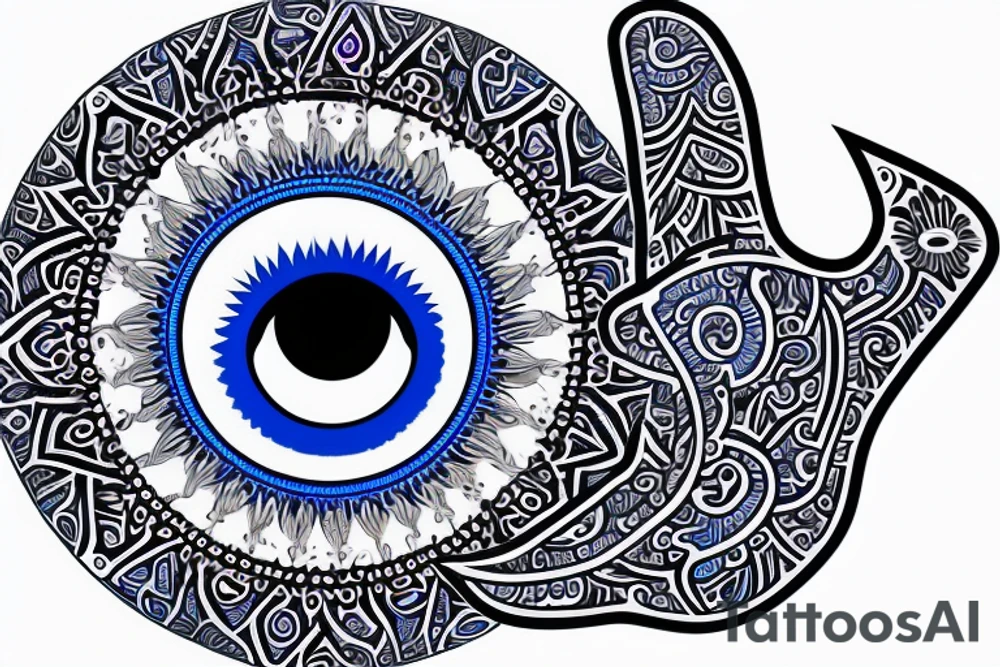 hamsa with realistic blue evil eye tattoo idea