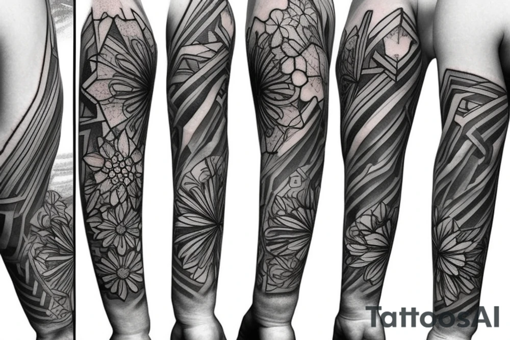 Geometric shapes that slowly change into flowers sleeve tattoo idea Geometric shapes that slowly change into flowers sleeve tattoo idea