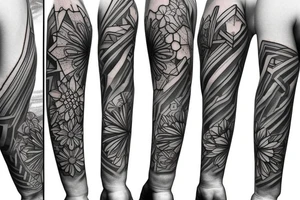 Geometric shapes that slowly change into flowers sleeve tattoo idea