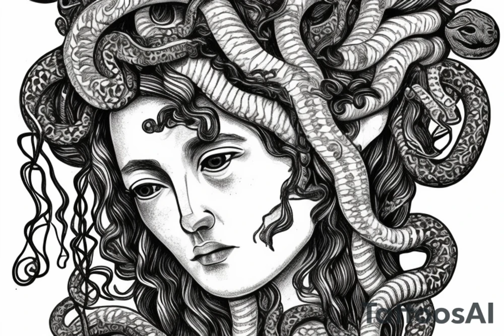 Ancient Greek bust representing the gorgon Medusa with serpents in her hair, surrounded by plants and flower tattoo idea
