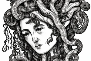 Ancient Greek bust representing the gorgon Medusa with serpents in her hair, surrounded by plants and flower tattoo idea