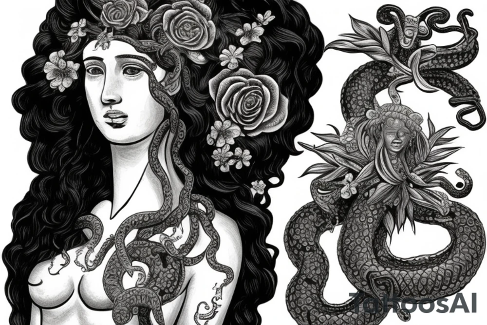 Ancient Greek bust representing the gorgon Medusa with serpents in her hair, surrounded by plants and flower tattoo idea