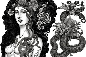 Ancient Greek bust representing the gorgon Medusa with serpents in her hair, surrounded by plants and flower tattoo idea