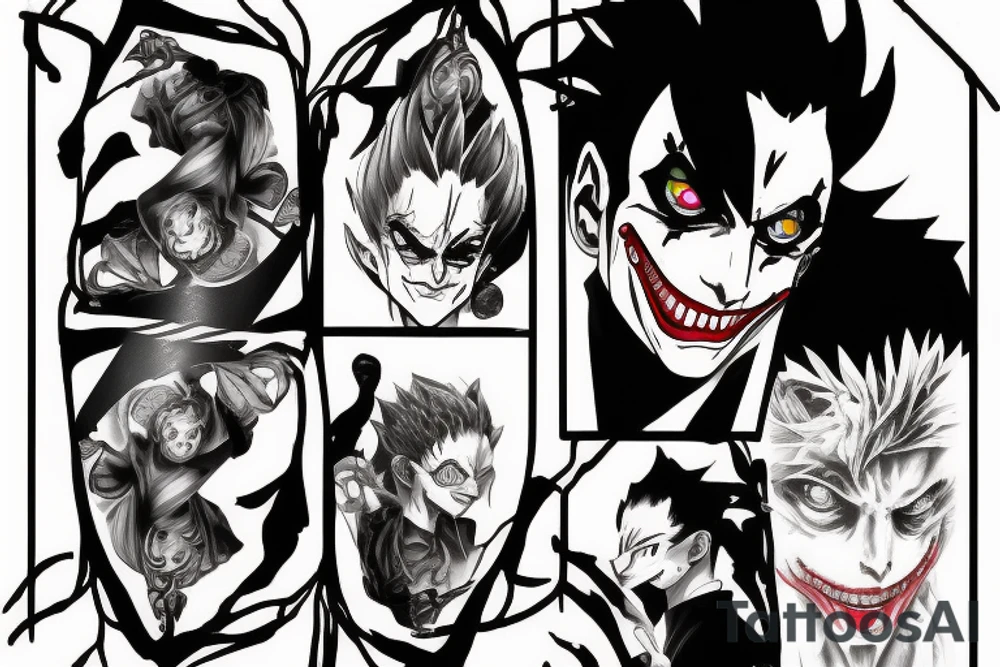 Joker card cut in half, representing on 1 half hisoka from hunter x hunter, representing on the other half crazy slots from hunter x hunter tattoo idea