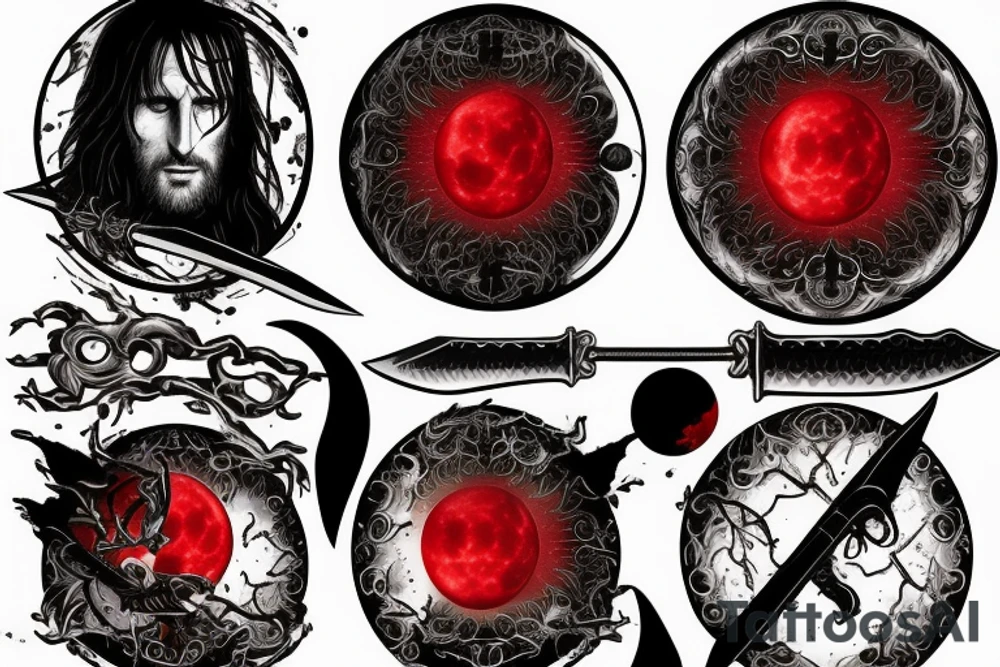 Arandiel, sword of Aragorn in front of the moon, sword in black and white, red moon tattoo idea