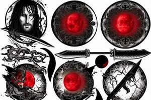 Arandiel, sword of Aragorn in front of the moon, sword in black and white, red moon tattoo idea