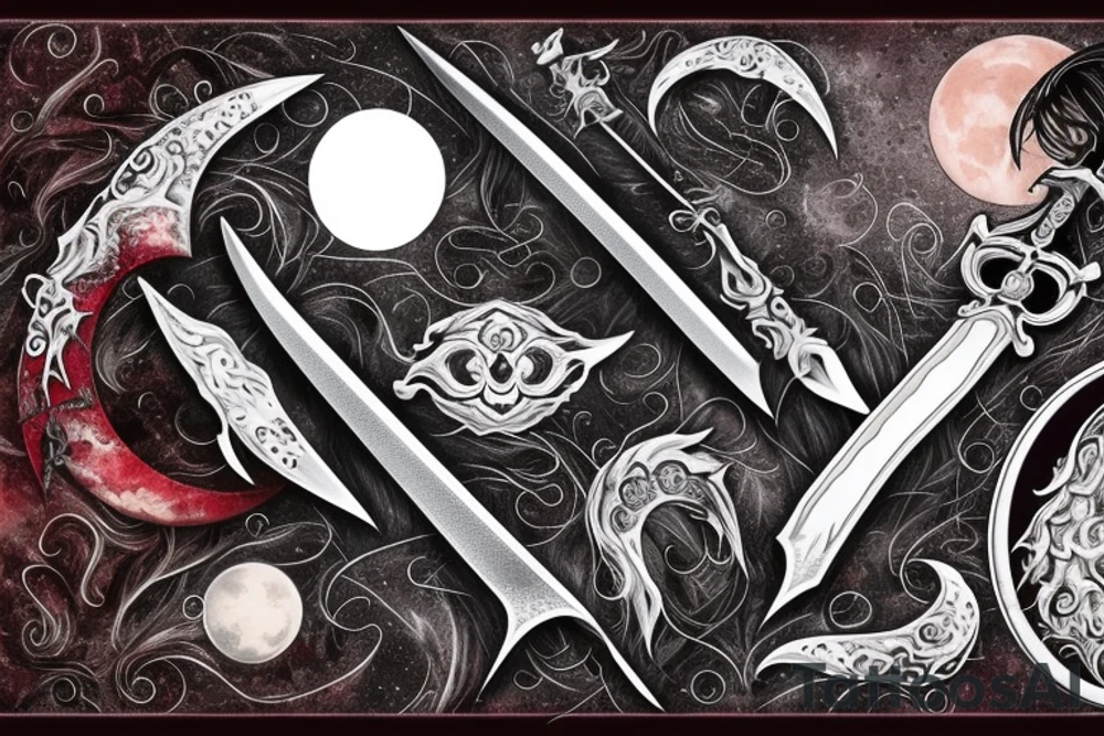 Arandiel, sword of Aragorn in front of the moon, sword in black and white, red moon tattoo idea