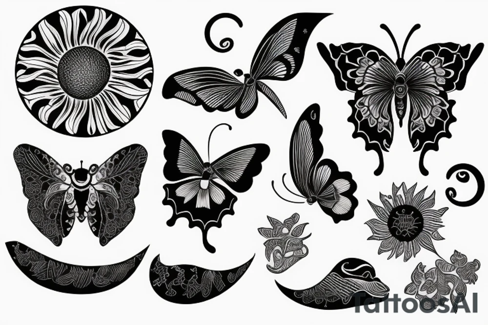 butterfly flower moon sun snake tattoo idea