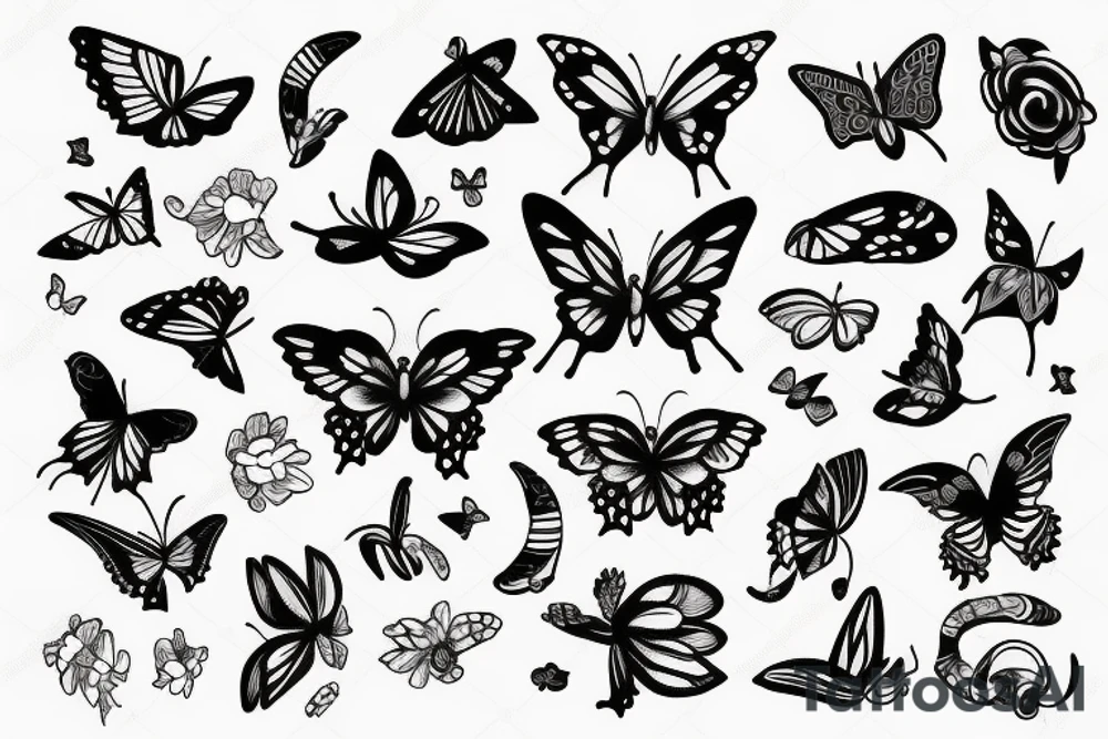 butterfly, flower, moon, sun, snake tattoo idea