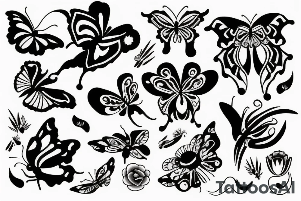 butterfly, flower, moon, sun, snake tattoo idea