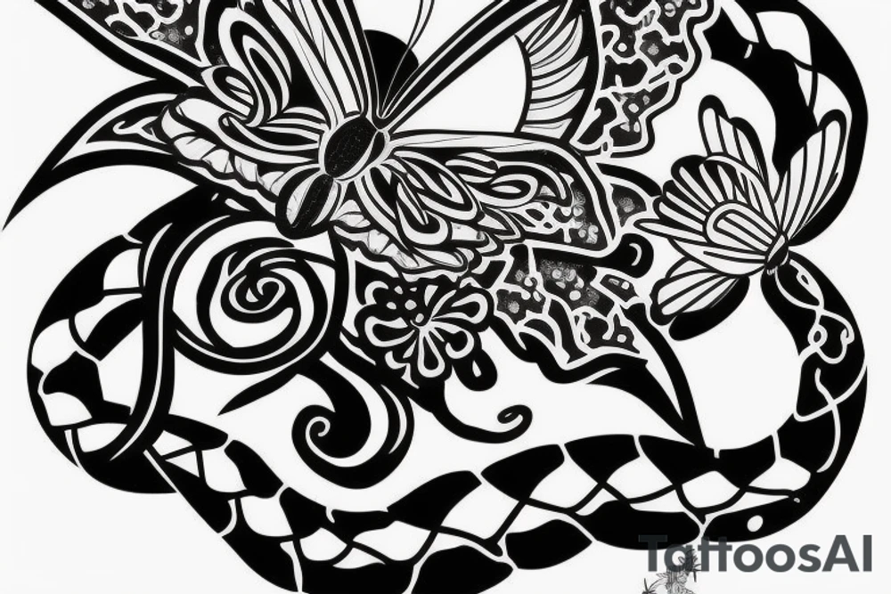 a moon above a butterfly with a flower and a snake below tattoo idea