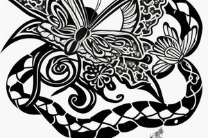 a moon above a butterfly with a flower and a snake below tattoo idea