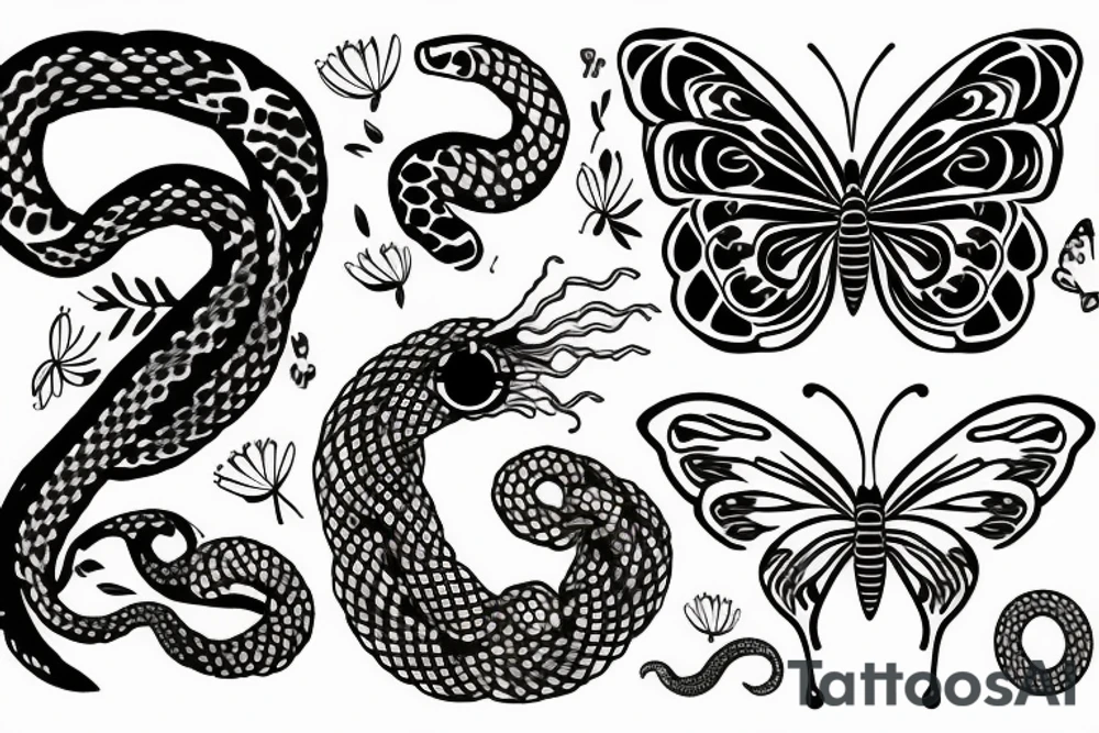 a moon above a butterfly with a flower and a snake below tattoo idea