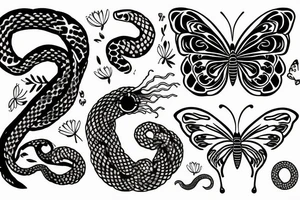 a moon above a butterfly with a flower and a snake below tattoo idea