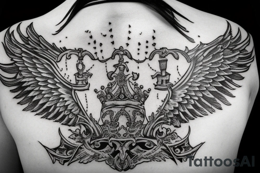 king crown with wings and a sword tattoo idea