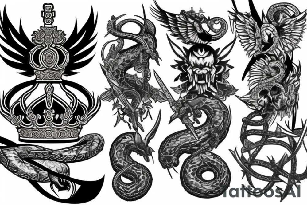 a king crown with wings and a sword and serpent tattoo idea