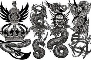 a king crown with wings and a sword and serpent tattoo idea