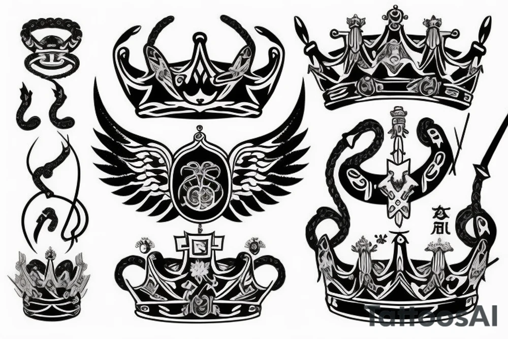 a king crown with wings and a sword and serpent tattoo idea