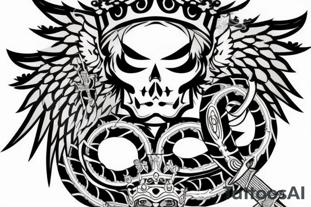 a king crown with wings and two sword and serpent tattoo idea