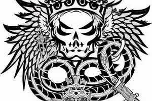 a king crown with wings and two sword and serpent tattoo idea
