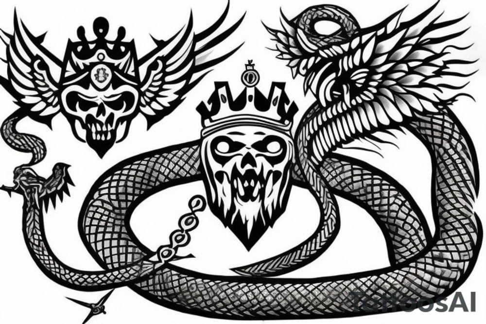 a king crown with wings and two sword and serpent tattoo idea